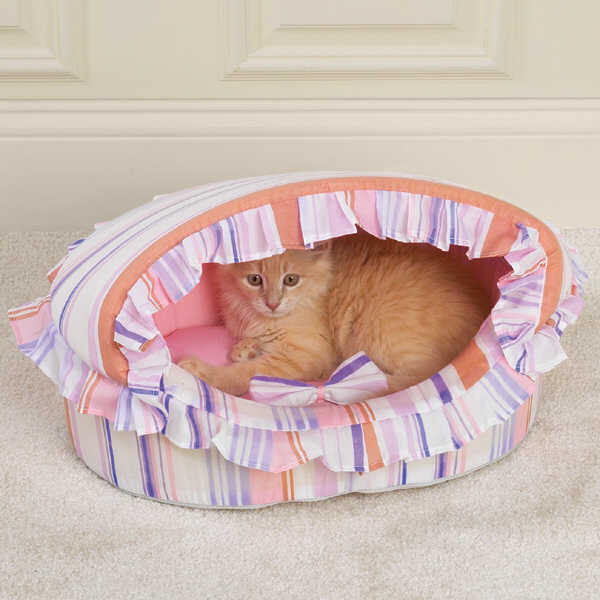 Pink Stripe Ruffled Canapy Cat Bed.