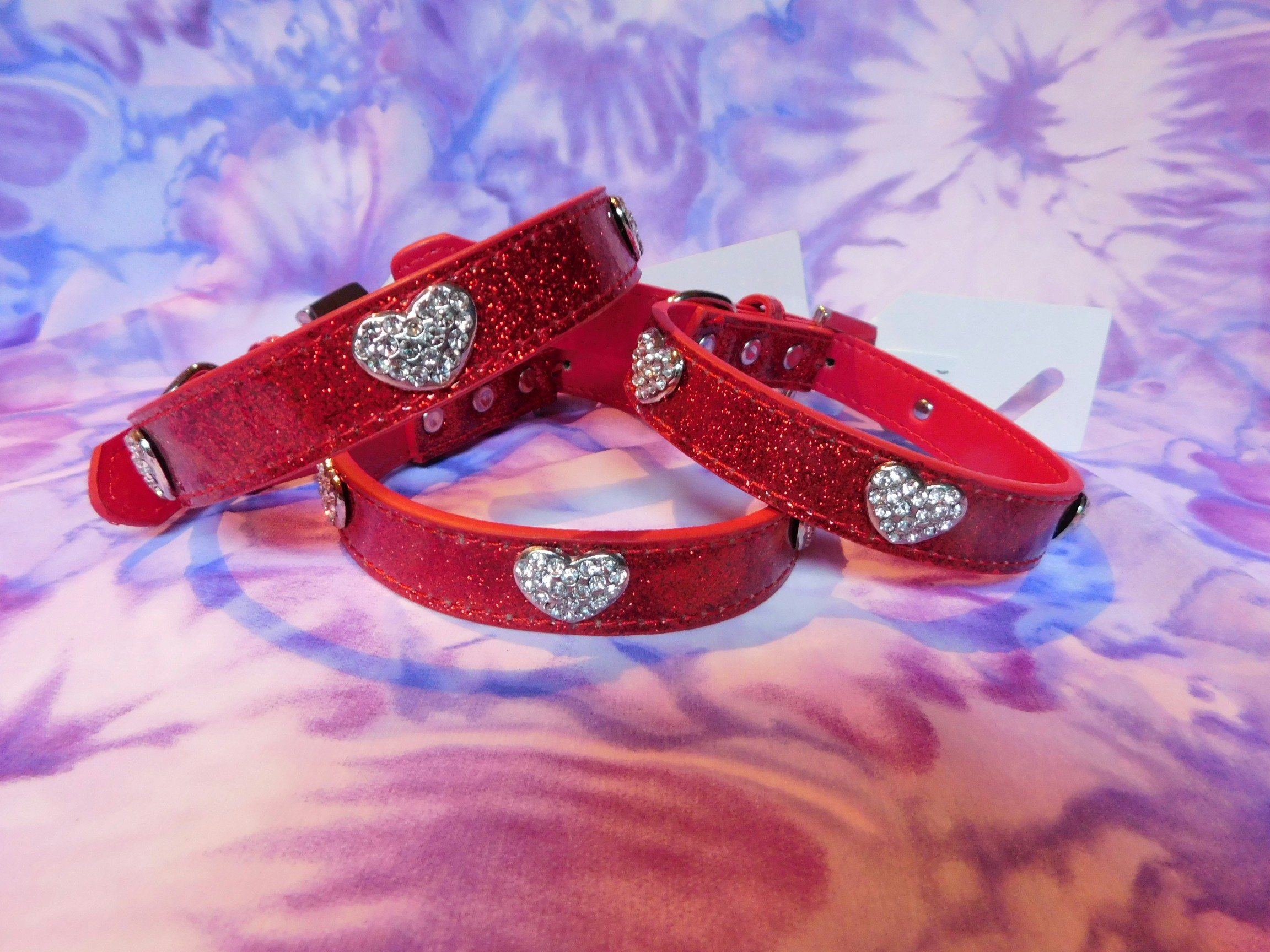 Red dog collar with heart shaped crystals